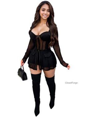 Sexy Two Piece Set Jumpsuit Romper Clubwear Bodycon Long Sleeve Party Outfit